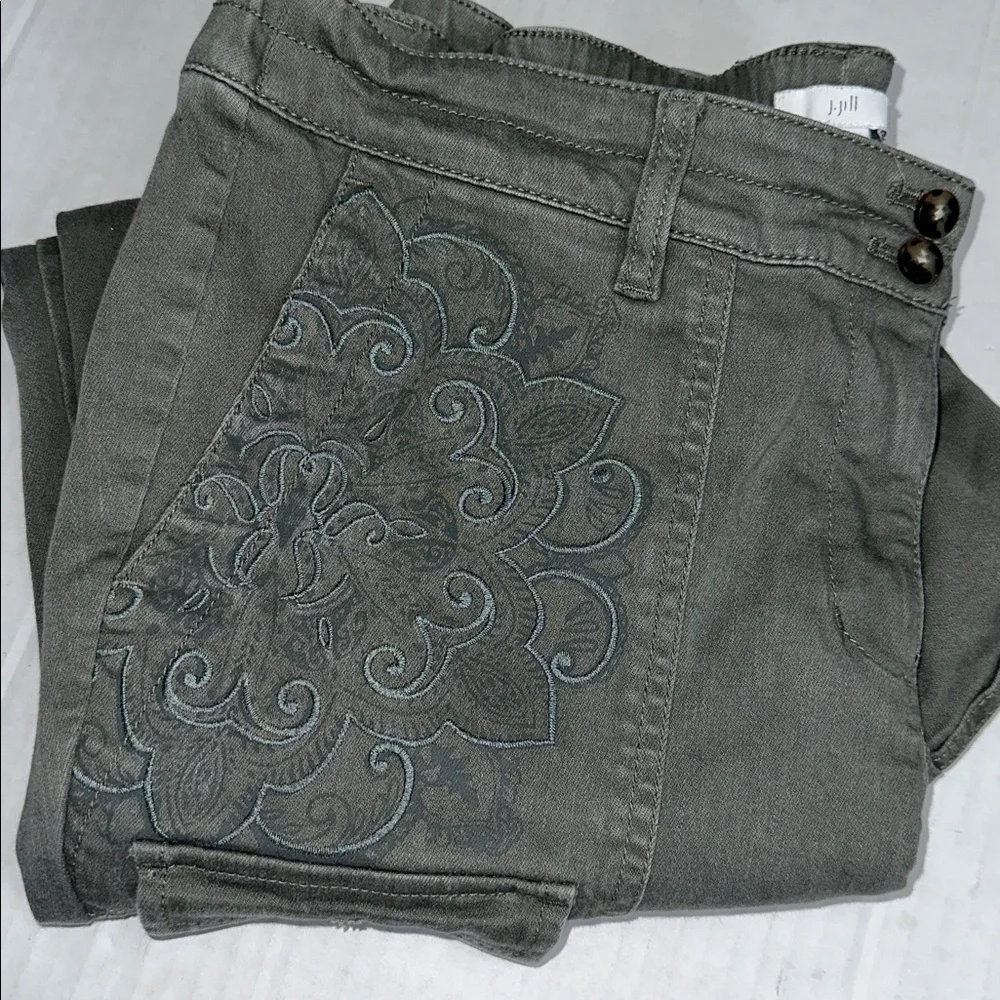 J. Jill Pants Womens 16P Green Embroidered Cargo Utility Pants Boho